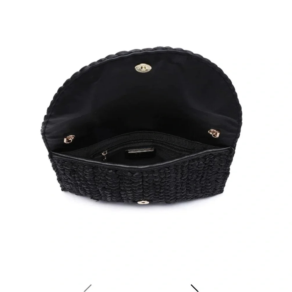 Black Straw Bohemian Clutch Gold Chain Crossbody Purse - Picture 2 of 2